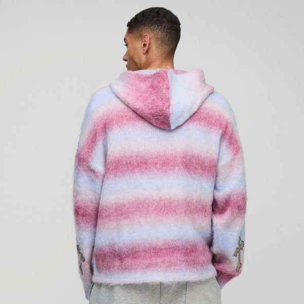 Boxy Fit Ombre Stripe Brushed Knit Cross Hoodie - Image 2